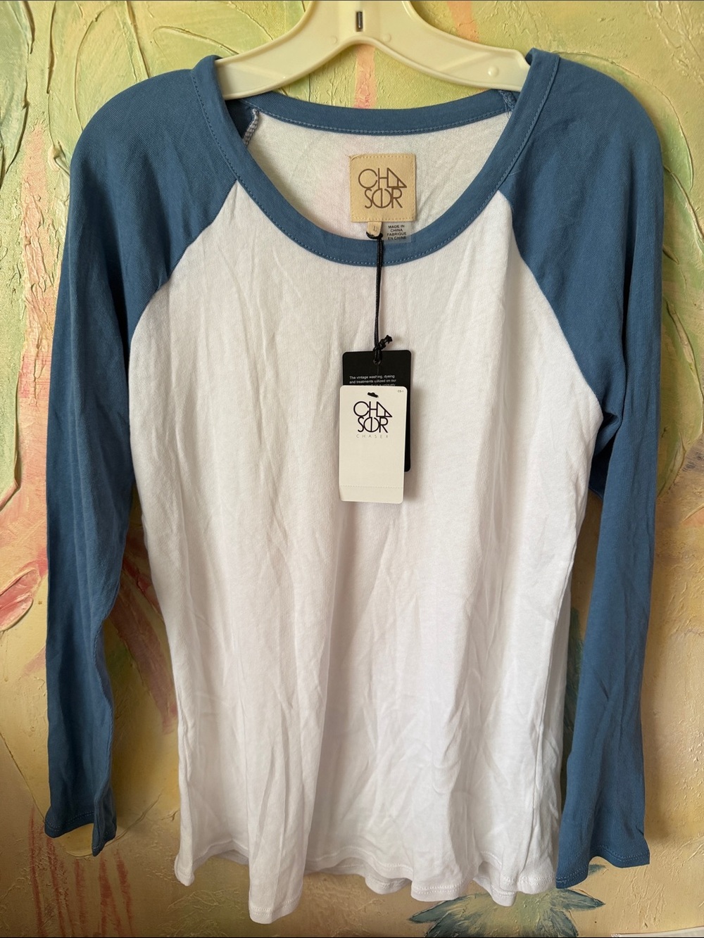 Chaser White Raglan Tee with Dusty Blue Sleeves - Women’s  Sz large